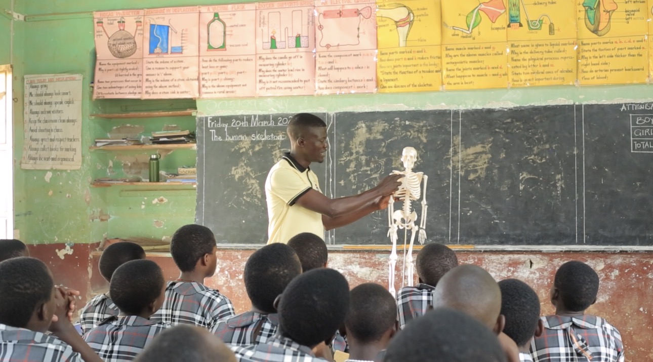 Science Class, showing pupils the human skeleton